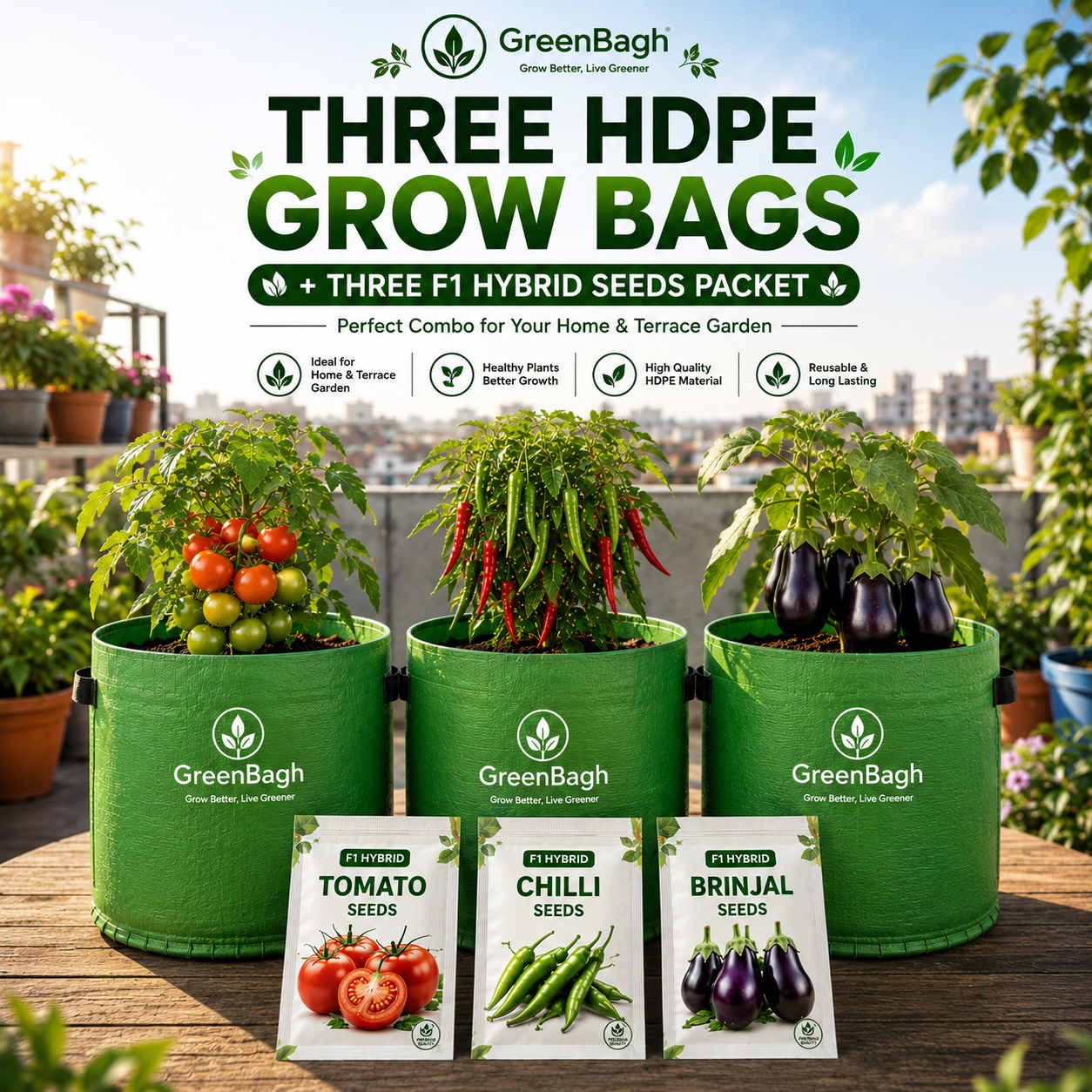 3× HDP Grow Bags 12×12 Inch + 3 F1 Hybrid Vegetable Seed Packets | Home Gardening Bundle